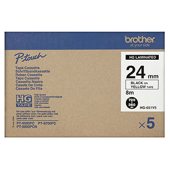 Obrazek Brother originální páska do tiskárny štítků, Brother, HGE-651, černý tisk/žlutý podklad, 8m, 24mm, 5 ks v balení, cena z