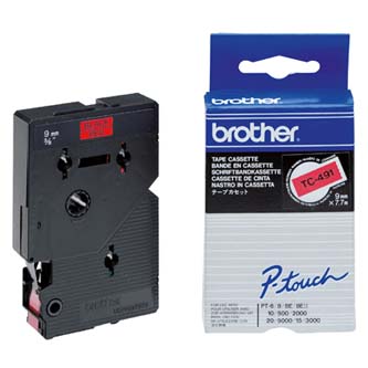 Obrazek Brother originální páska do tiskárny štítků, Brother, TC-491, černý tisk/červený podklad, laminovaná, 7.7m, 9mm