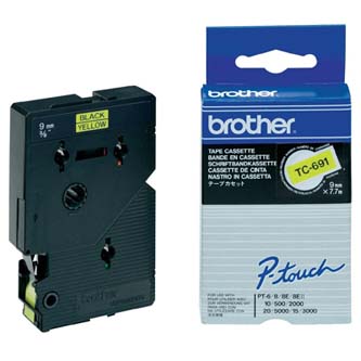 Obrazek Brother originální páska do tiskárny štítků, Brother, TC-691, černý tisk/žlutý podklad, laminovaná, 7.7m, 9mm