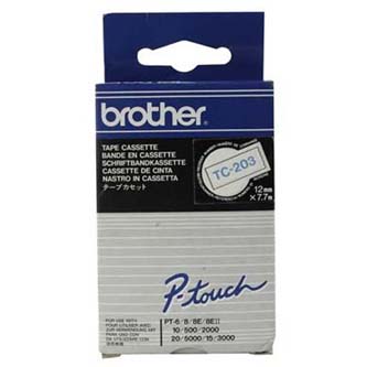 Obrazek Brother originální páska do tiskárny štítků, Brother, TC-203, modrý tisk/bílý podklad, laminovaná, 7.7m, 12mm